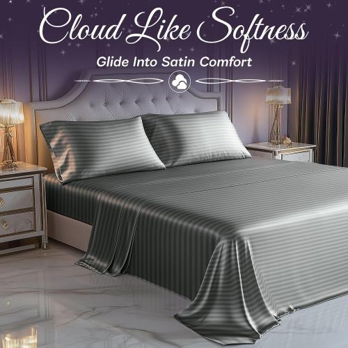 SLEEP SANCTUARY Satin Sheets King Size – 4 Piece Luxury Silky Bed Set, Softer Than Silk, 15 Deep Pocket, Cooling & Wrinkle-Free, Moisture-Wicking & Breathable for Hair & Skin (Striped Grey)