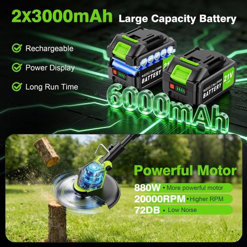 Kihoplly 12 Stringless Weed Wacker Cordless Eater, 21V 6000mAh Battery Powered Trimmer Edger Lawn Tool, 20000 RPM Powerful Electric Wheeled Lawn Edger with Blades, Foldable& Lightweight Brush Cutter | 6000mAh Battery Powered Trimmer Edger, Electric Wheeled Lawn Edger with Blades, Foldable& Lightweight Brush Cutter