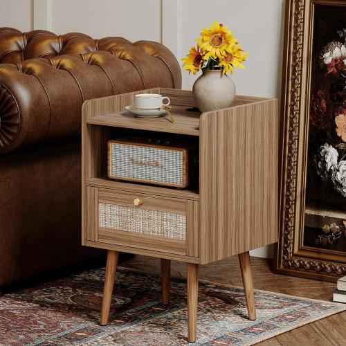 MECHYIN Night Stand Set 2, Nightstands Set of 2 with Charging Station, Rattan Side Tables with Solid Wood Legs, Boho Bedside End Table for Farmhouse Bedroom Dorm Small Space - Brown