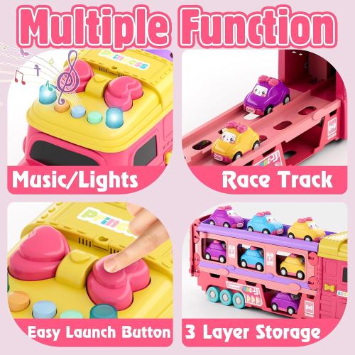 Carrier Truck Toys for Kids, Princess 3.8-FT Foldable Hauler Track Ejection Car and 6 Carton Car with Light&Sounds, Truck Toy Child Toys for 3 4 5 6  Year Old Girls-Pink