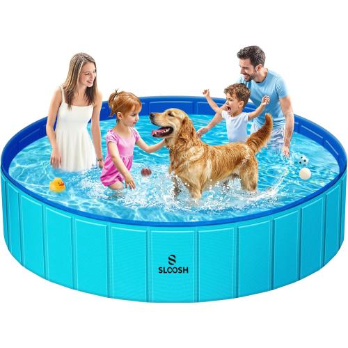 SLOOSH Foldable Dog Kiddie Pool - Portable Hard Plastic Doggie Swimming Pool, Anti-Slip Collapsible Pets Bath Tub Suitable for Kids Toddler Indoor Outdoor Backyard Use (Blue, 71 x 12)