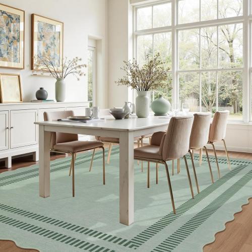 Washable 8x10 Rugs for Living Room Bedroom, Non-Slip Sage Green Indoor Carpet for Dining Room Office, Ultra Thin Scalloped Soft Carpets for Kids Nursery Playroom