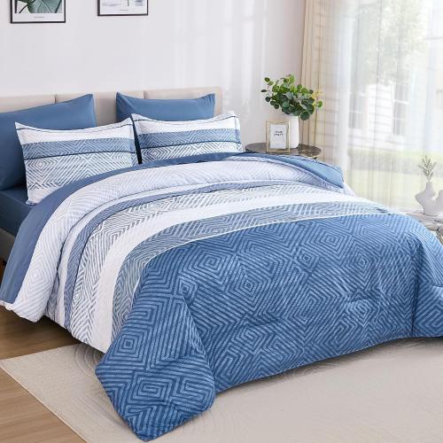 Drucon 7 Piece Striped Comforter Set King Size Light Blue Bed in a Bag, Soft Microfiber Complete Bedding Set with Sheets for All Season