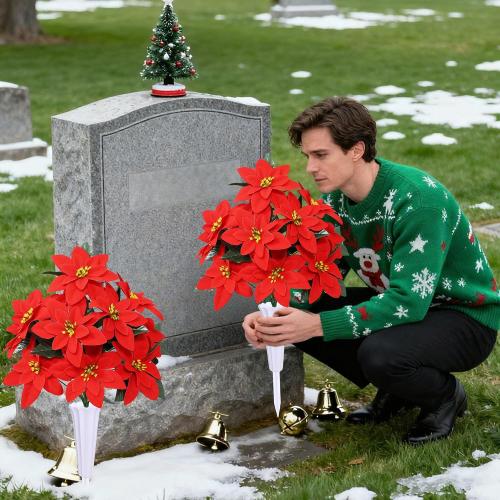Lodou Christmas Artificial Cemetery Flowers for Grave,Outdoor Grave Decorations,Beautiful Arrangements Bouquet with Cemetery Vase (Red)