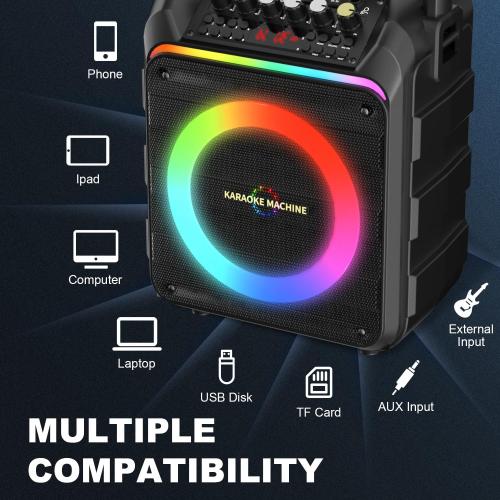 Karaoke Machine with 2 Wireless Microphones, Portable Bluetooth Speaker with Bass/Treble Adjustment, PA System with Remote Control, LED Light, Support REC/FM/AUX/USB/TF for Home Party