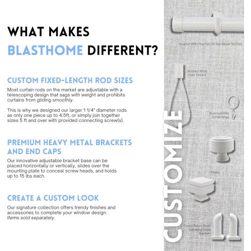 BlastHome® Non-Adjustable Luxury Curtain Rods for Windows, 1 ¼” Rod Set, 8 foot Fixed Length (Two Rods Connect for a Seamless Look), Brushed White