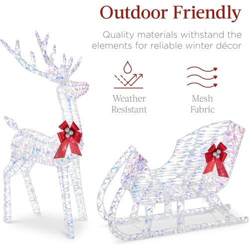 Best Choice Products Lighted Christmas 4ft Reindeer & Sleigh Holiday Outdoor Yard Decoration Set w/ 205 LED Lights, Stakes, Zip Ties - Iridescent