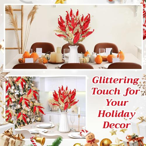 HyDren 10 Pcs Christmas Glitter Leaves Large Ornaments for Christmas Tree Picks Sprays Artificial Stems Branches Twigs Sprigs Floral for Xmas Tree Wreath Garland Vase DIY Decor(Red and Gold)
