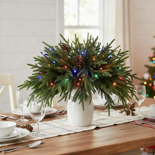 12 Pcs Christmas Lighted Norfolk Pine Stems 18 Inch with Lights & Pine Cones, Prelit Pine Branches, Picks for Vase, Fireplace Mantel Decor, Holiday Centerpieces & Indoor Decorations, Filler