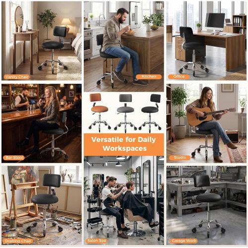 Rolling Stool Chair with Wheels, Office Drafting Chair with Back Support, Height Adjustable Standing Desk Stool with PU Leather Cushion for Home Office Kitchen Vanity Spa Garage Tattoo Dentist, Black