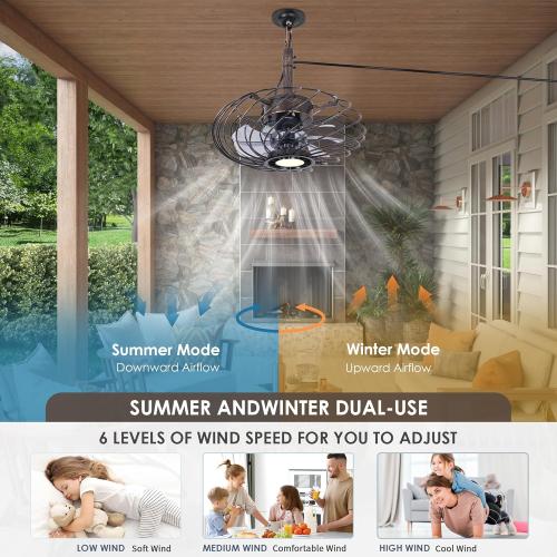 Black Gold 15 Outdoor Ceiling Fan with Light, Waterproof Gazebo Fan Remote Control, Dimmable LED Light, Hanging Black Caged Ceiling Fixtures with Plug in Cord for Patios Pergola, Black Gold