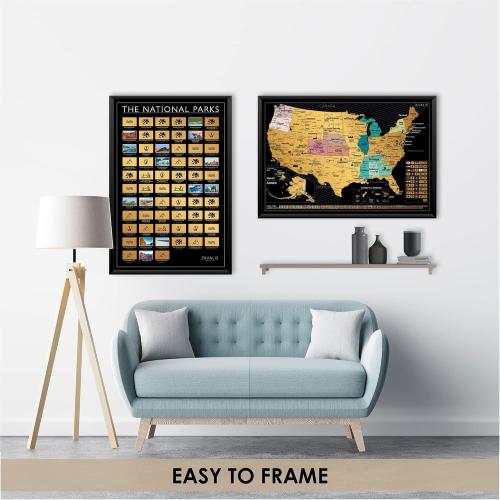 2 in 1 Gift Set - Scratch off US Map and 63 National Parks Poster - 24x16 Easy to Frame Scratchable United States of America Posters - Globetrotters Wall Map - Black and Gold Travel Tracker