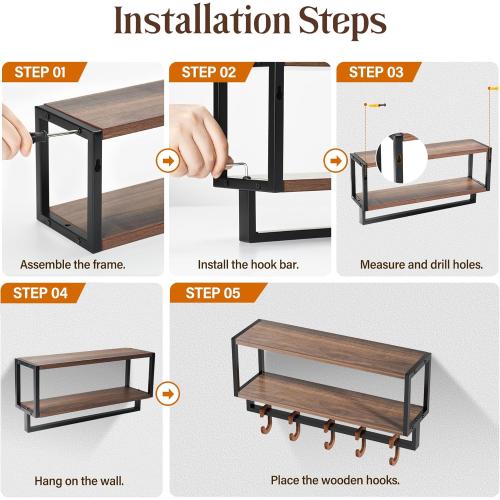 Wall Shelf with Hooks, 2 Tier Coat Rack Wall Mount with Shelf for Entryway Farmhouse Living Room, 5 Wooden Decorative Wall Hooks for Hanging Coat Jackets Hats Towel Key (16.5)