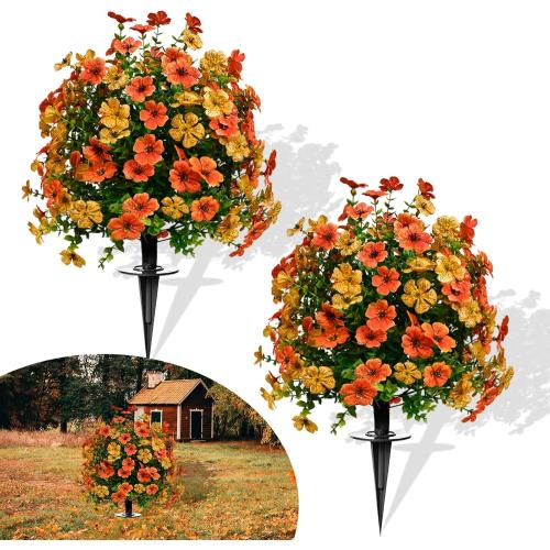 Artificial Topiary Bushes for Outdoors with Spike, Boxwood Ball Fake Shrubs UV Resistant Faux Plants for Indoor Outdoor Fall Thanksgiving Halloween Decor (Orange Green)