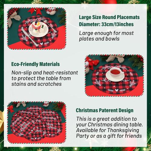Christmas Placemats Set of 6 Round Holiday Table Mats 13 Inch Heat Resistant Wipeable Waterproof Placemats Washable Xmas Bell Dining Table Mats for Home Kitchen Parties Decor Merry Christmas Placemats