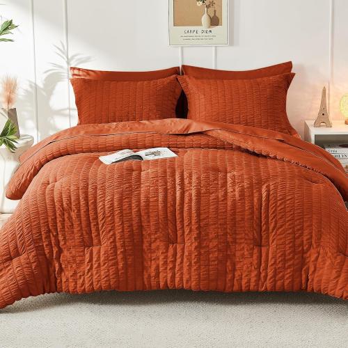 HYMOKEGE Burnt Orange Queen Comforter Set Seersucker 7 Pieces, All Season Luxury Bed in a Bag for Bedroom, Bedding Set with Comforters, Sheets, Pillowcases & Shams