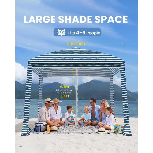 Beach Cabanas for Sand, Foldable Beach Canopy with Sandbags 8' | 43 Compact Fold, 8' x 8' Fits 6 Person, UPF 50 , Wind-Resistant, Privacy Side Wall, Easy Setup, 6.5-8' Adjustable Height