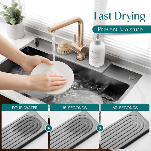 Faucet Mat for Kitchen Sink - Wider Diatomite Fast Drying Stone Sink Tray, Super Absorbent, Prevents Moisture Buildup - Faucet Splash Guard for Bathroom Counter (Grey, 15x5.3inch)