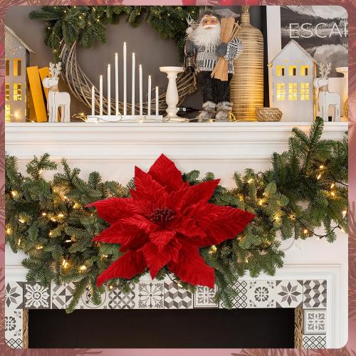 Velvet Poinsettia Christmas Tree Topper 16'' Jumbo Artificial Velveteen Poinsettia with Stem Faux Flower Xmas Tree Ornament for Christmas Holiday Wedding Holiday Party Decor(Classic Red)