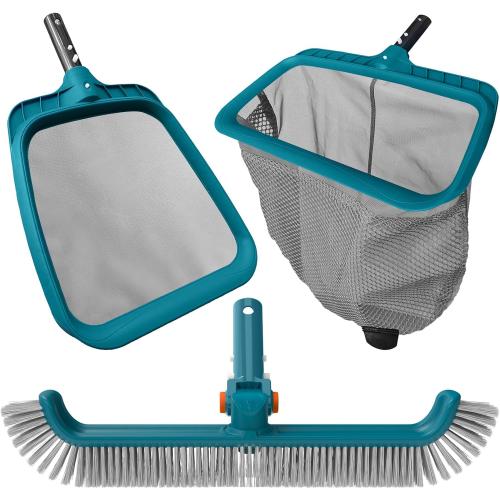 POOLWHALE Swimming Pool Cleaning Kit - Pool Nets and Brush Set | Included Ultra Fine Mesh Deep Pool Rake & Leaf Skimmer Net and Rotatable Pool Brush Head, Pool Open Cleaning Kits for Pools