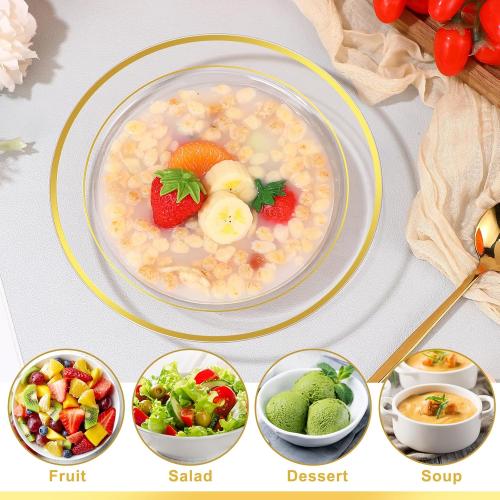 Tanlade  Plastic Bowls with Gold Rim 12 oz Disposable Soup Bowls Elegant Party Dessert Disposable Dinnerware Fancy Shatterproof Tableware for Serving Food, Wedding, Holidays(Clear,Line Style)