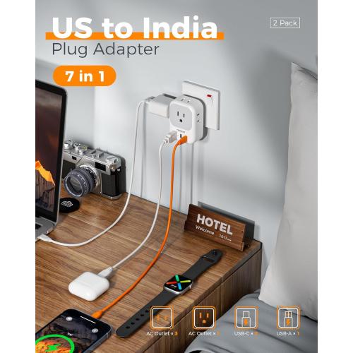 Set of 2 US to India Plug Adapter 2 Pack, TESSAN Type D Travel Adapter with 4 Outlets 3 USB (2 USB-C), Power Adaptor for US to India Nepal Maldives Pakistan Bangladesh Sri Lanka Bhutan Yemen