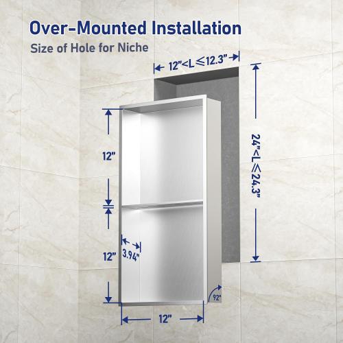Stainless Steel Shower Niche 24 X 12 Brushed No Tile Needed Wall Niche Double Shelves Recessed Shower Shelf for Bathroom Storage Over Mount Installation
