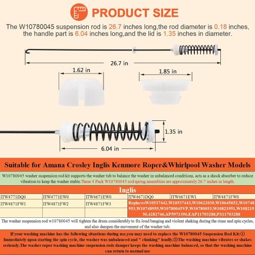 【ALLOY UPGRADED】W10780045 WTW4816FW2 NTW4516FW2 NTW4605EW0 NTW4516FW1 WTW4800BQ1 Washer Suspension Rods Kit 4 Pcs by Beaquicy-Washer Parts for Whirlpool Kenmore Suspension Rods RTW4516FW1,11020102310
