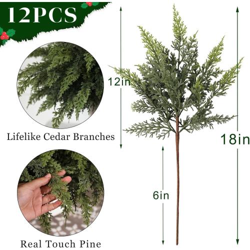 Real Touch Christmas Cedar Branches-18 Inches, Artificial Cedar Branch Faux Greenery Plants Stem Fake Pine Picks for Vase DIY Crafts Garland Wreath Xmas Indoor Outdoor Decor (12 Pcs)