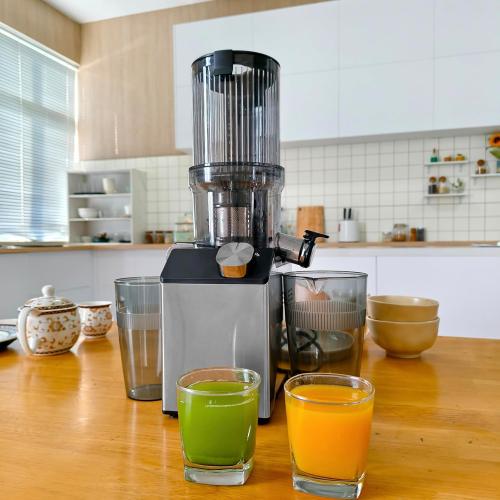 Cold Press Juicer, Wide Feed Chute Juicer Machines, Stainless Steel Slow Masticating Juicers Easy to Clean, Vegetables & Fruits Juice Extractor, High Juice Yield, Gray Knob