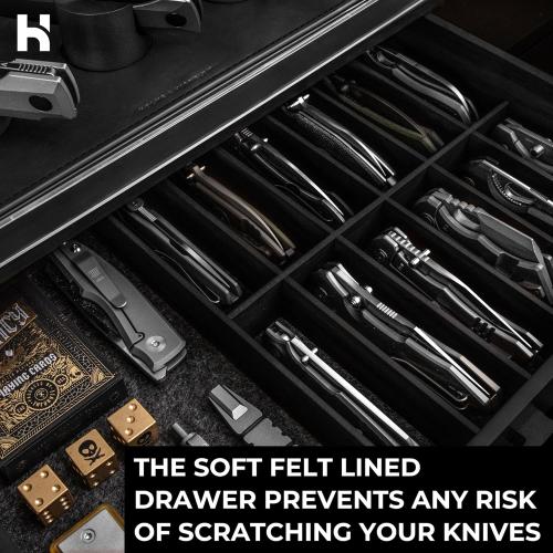 Premium Pocket Knife Display Case for 30 Knives - Large Wooden Knife Organizer, Storage & Holder with Unique Pillars, Hinged Cover, Drawer - Knife Collection Box - Handcrafted for Men