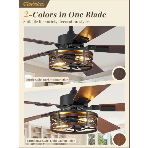 Fanbulous Farmhouse Ceiling Fans with Light, 48 Inch Bedroom Ceiling Fan with Lights, 6-Speed Adjustable, Quiet and Reversible DC Motor, Dual Finish 5 Blades, Rustic Caged Ceiling Fan for Living Room