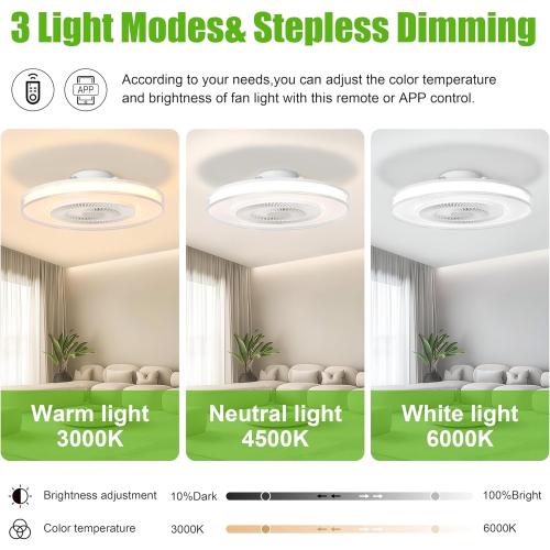 Size 20 Color White Ceiling Fan with Light and Remote, Modern Low Profile,Stepless Color Temperature and Brightness Adjustable and 6 Wind Speeds for Bedroom, Kids Room, Living Room and Study Room (White)