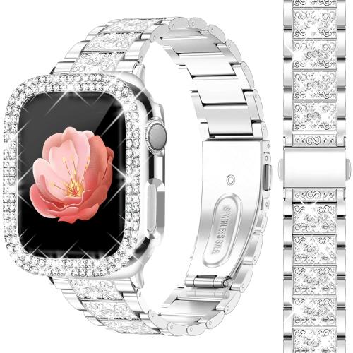 Bling Watch Bands with Bling Case for Women Compatible with Apple Watch Band 40mm Elegant Dressy Jewelry Replacement Metal Link Wristband Protector Cover for iWatch Series 7/8/9 SE Silver