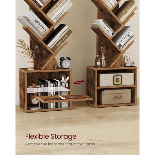 VASAGLE Custos Collection - Tree Bookshelf, Modern Bookcase, Floor Standing Book Shelf, for Bedroom, Living Room, Home Office, 2 Open Compartments, 8 x 15 x 48.5 Inches, Rustic Brown ULBC607K01