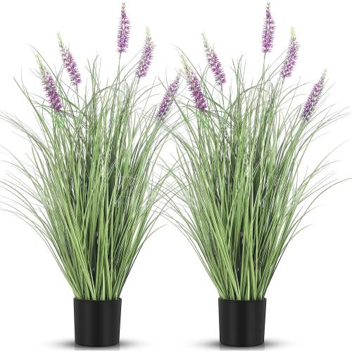 Jexine 2 Pieces Faux Plants Outdoor 3 ft Tall Artificial Lavender Plant Potted Artificial Lavender Faux Greenery Floor Flowers for Housewarming Gift House Garden Bathroom Lobby Outdoor