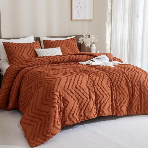 Andency Burnt Orange Super King Size120 x 120  Comforter, Boho Terracotta Soft Warm Bedding Comforter Sets for King Bed, 3 Pieces Rust Chevron Tufted Aesthetic Microfiber Lightweight Comforter Set