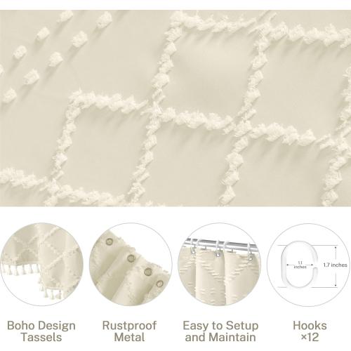 Cream Boho Woven Fabric Shower Curtain, 72 x 72 Tufted Chevron Textured Striped Modern Farmhouse Minimalist Cloth Curtain for Bathroom