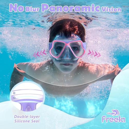 Freela Kids Swim Goggles Mask Tempered Glass Lens 180° View with Nose Cover
