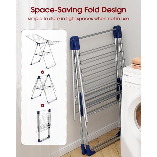 Sakugi Clothes Drying Rack with Height-Adjustable Wings, Metal Foldable Laundry Dryer Stand for Clothing & Bedding, Free-Standing Collapsible for Indoor & Outdoor Use, 55.5 L × 22.8 W, Silver Blue