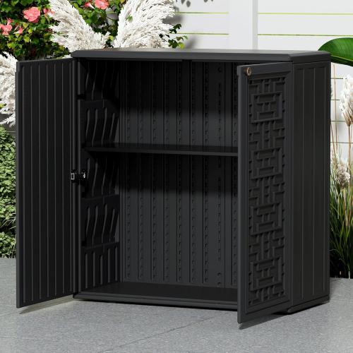 Size 34.3x15x36.2 Color Black Outdoor Storage Cabinet Waterproof with Shelf,Resin Storage Sheds Outdoor Cabinets for tub towels/chemicals/grill items/Patio/Garden/Backyard, Size 34.3''L*15''W*36.2''H（Black）