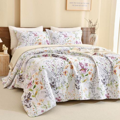 White Floral 128x120 Lady Ann Oversized King Bedspreads for Extra Bed 128x120, Wild Floral Printed Quilt Set 100% Cotton Yellow Flower Botanical Pattern Bedding, Vintage Coverlet with Pillow Shams for All Season, 3 PCS