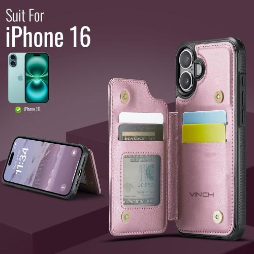 Compatible with iPhone 16 6.1 Wallet Case with Card Holder RFID Blocking for Women Men, Double Magnetic Clasp Kickstand Shockproof Phone Case Fit for iPhone 16, Rose Gold