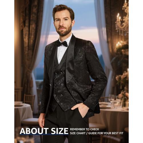 Mens 3 Piece Floral Tuxedo, Jacquard Slim Suit Set, Paisley Blazer Vest and Pants for Prom Wedding large