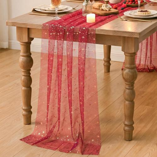 Artoid Mode Gold Stars Red Gauze Table Runner 120 Inch 10FT, Reversible Glitter Sheer Dining Wedding Holiday Birthday Table Decor for Home Party