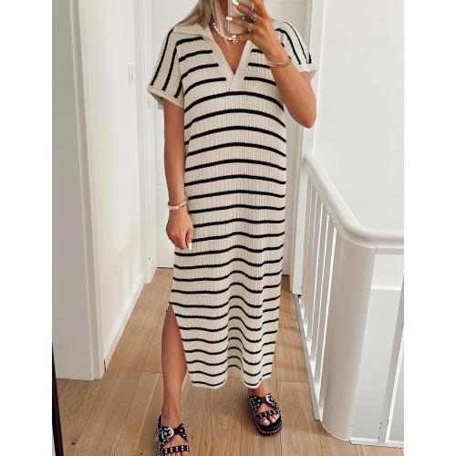ZESICA Women's Summer Striped Midi Dress 2025 Casual Short Sleeve V Neck Loose Knitted Side Slit Long Sweater Dresses