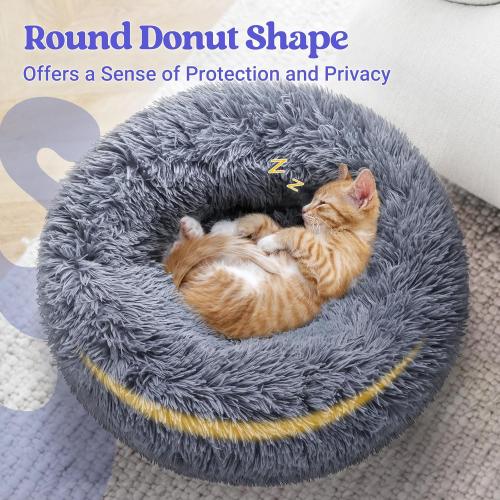 Beds for Indoor Cats, 20 inches Cat Bed Machine Washable, Fluffy Round Pet Bed Non-Slip, Calming Soft Plush Donut Cuddler Cushion Self Warming for Small Dogs Kittens, Dark Grey, Medium