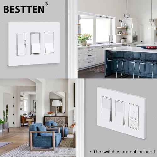 [4 Pack] BESTTEN 3 Gang Mid-Size Screwless Outlet Cover, Midway Decorative Wall Plate, USWP6 Gloss Snow White, Midsize H4.88 x W6.74
