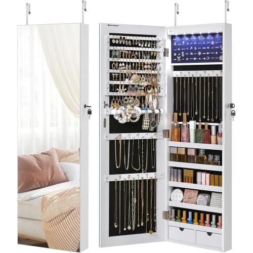 SONGMICS Hanging Jewelry Cabinet, Wall-Mounted Cabinet with LED Interior Lights, Door-Mounted Jewelry Organizer, Full-Length Mirror, Gift Idea, White UJJC99WT