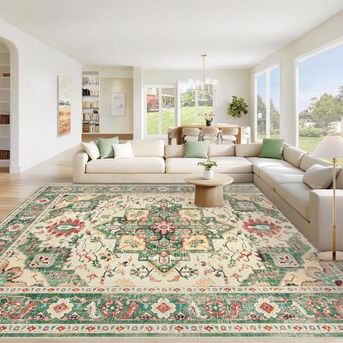 Area Rug 8x10 Washable Rug, Vintage Boho Medallion Rugs Non-Slip Soft Low Pile Large Distressed Rug Indoor Retro Carpet for Living Room Bedroom Dining Room Home Office (Green Beige, 8'x10')